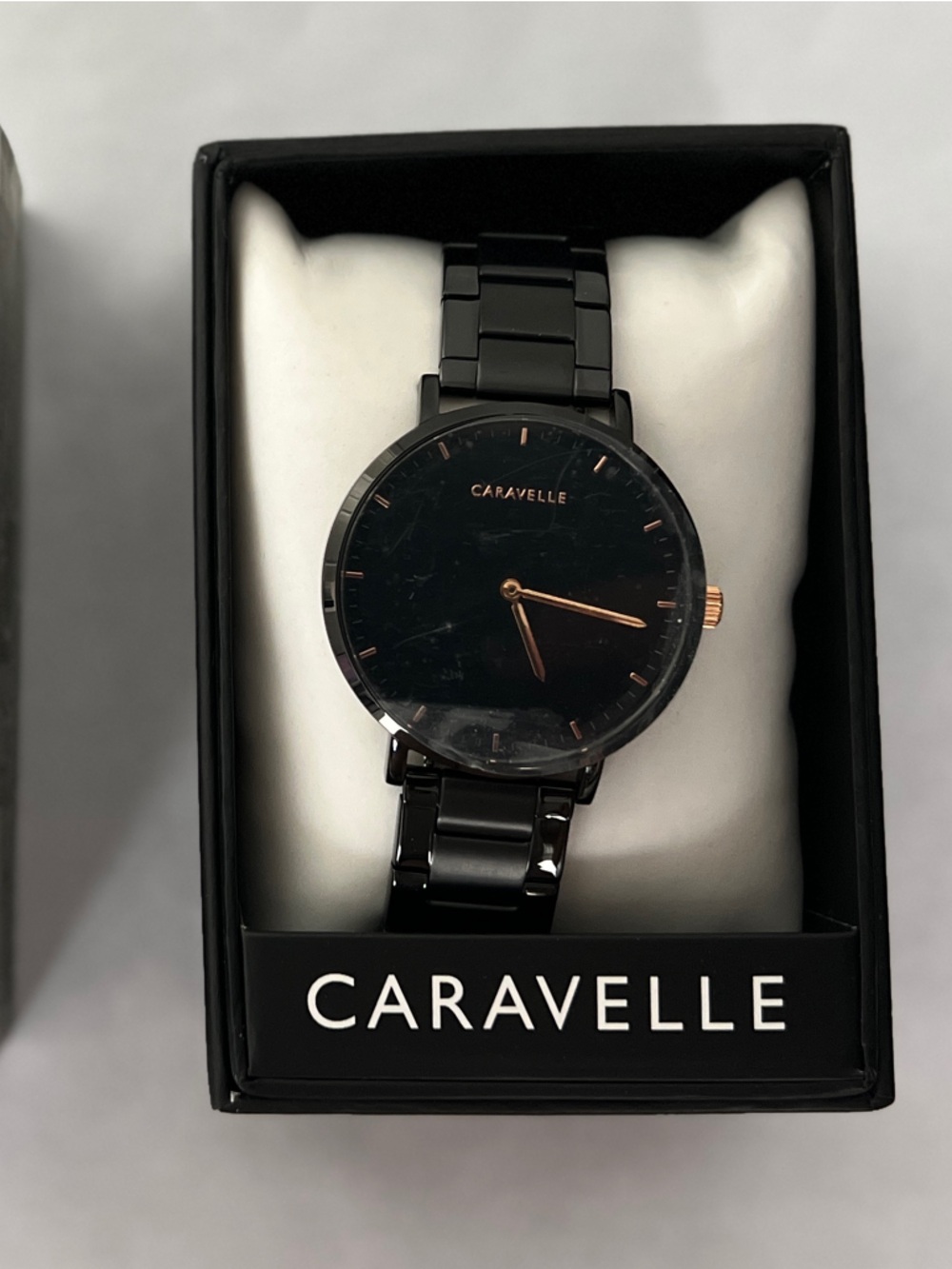 Caravelle Black Stainless Steel Watch with Rose Gold Accents
